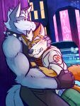  anthro blush bodily_fluids canid canine canis city city_background clothed clothing collar comforting duo embrace eyes_closed fox fox_mccloud fully_clothed fur grey_body grey_fur hi_res hug male male/male mammal muscular muscular_anthro muscular_male nintendo orange_body orange_fur star_fox tears teeth ventkazemaru video_games wolf wolf_o&#039;donnell 