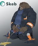  2021 anthro belly blush bodily_fluids bottomwear brown_body clothing firefighter genital_fluids genitals hi_res humanoid_genitalia humanoid_hands humanoid_penis kemono kumao male mammal overweight overweight_male pants peeing penis shirt simple_background solo topwear unavailable_at_source urine ursid 