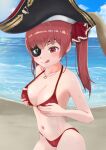  1girl 5 :q bangs bare_shoulders beach bicorne bikini black_eyepatch black_headwear blue_sky blush breast_hold breasts cleavage cloud cloudy_sky day eyepatch gold_trim hair_ribbon hat heart heart_necklace highres hololive houshou_marine jewelry large_breasts long_hair looking_at_viewer navel ocean pirate red_bikini red_eyes red_hair red_ribbon ribbon sand sky smile solo string_bikini sunlight swimsuit thighs tongue tongue_out twintails virtual_youtuber water wet 