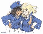  2girls andou_(girls_und_panzer) aqua_eyes arm_around_shoulder arm_up bangs bc_freedom_(emblem) bc_freedom_military_uniform black_hair blonde_hair blue_headwear blue_jacket blue_vest brown_eyes buttons closed_mouth cropped_torso dark-skinned_female dark_skin downscaled emblem eye_contact eyebrows_visible_through_hair eyes_visible_through_hair fang floating_hair girls_und_panzer grin hair_between_eyes hand_on_hip hat heads_together high_collar jacket kepi leaning_forward long_sleeves looking_at_another looking_to_the_side medium_hair messy_hair military_hat multiple_girls niwa open_clothes open_jacket oshida_(girls_und_panzer) outstretched_arm pleated_skirt resized shiny shiny_hair side-by-side signature simple_background skirt smile upper_body v-shaped_eyebrows vest white_background white_skirt 