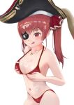  1girl 5 :q bangs bare_shoulders bicorne bikini black_eyepatch black_headwear blush breast_hold breasts bukkake cleavage cum cum_on_body cum_on_breasts eyepatch facial gold_trim hair_ribbon hat heart heart-shaped_pupils heart_necklace highres hololive houshou_marine jewelry large_breasts long_hair looking_at_viewer navel pirate red_bikini red_eyes red_hair red_ribbon ribbon smile solo string_bikini swimsuit symbol-shaped_pupils thighs tongue tongue_out twintails virtual_youtuber 