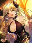  1girl alba_(granblue_fantasy) bangs bare_shoulders black_dress blonde_hair breasts butterfly_earrings choker chromatic_aberration cleavage cleavage_cutout clothing_cutout collarbone commentary_request draph dress earrings feather_boa granblue_fantasy hanasaki_arumu horns jewelry large_breasts long_hair looking_at_viewer one_eye_closed open_mouth pointy_ears red_eyes sleeveless sleeveless_dress smile solo wristband 