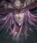  1boy absurdres blue_eyes cape center_opening colored_skin curly_hair cuso4_suiwabutu fate/grand_order fate_(series) fur-trimmed_cape fur_collar fur_trim hat headpiece highres horns long_hair makeup male_focus medium_hair mephistopheles_(fate) purple_eyes purple_hair solo teardrop thick_eyebrows white_skin 