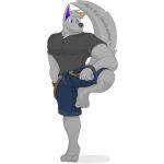  anthro bottomwear bulge canid canine canis clothed clothing fur glare hair male mammal muscular notkastar pecs pose raised_tail shirt shorts signature solo text topwear wolf zatch_(character) 