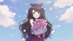  1girl animal_ear_fluff animal_ears bangs black_shirt blue_eyes bouquet cat_ears cloud detached_sleeves english_commentary eyebrows_visible_through_hair flower holding holding_bouquet ichinose_(sorario) indie_virtual_youtuber long_hair looking_at_viewer petals purple_flower purple_skirt second-party_source shimotsuki_miri shirt skirt sky smile solo virtual_youtuber 