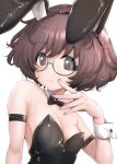 1girl :t akiyama_yukari alternate_costume animal_ears bare_shoulders bespectacled black-framed_eyewear black_bow black_bowtie bow bowtie breasts brown_eyes brown_hair cleavage detached_collar finger_to_cheek fingernails girls_und_panzer glasses highres long_fingernails messy_hair mini_bowtie nail_polish pink_nails playboy_bunny rabbit_ears shiina_excel small_breasts solo upper_body white_background wrist_cuffs 