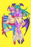  2girls :d alternate_costume animal_print bag bangs bat_print bat_wings bow breasts demon_girl english_commentary flat_chest full_body green_eyes green_hair head_wings highres large_breasts lilith_aensland long_hair looking_at_viewer morrigan_aensland motozaki_mio multiple_girls pantyhose pink_hair school_bag school_uniform short_hair smile standing vampire_(game) wings yellow_background 