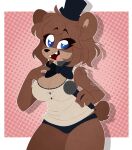  2020 absurd_res amanddica android anthro big_breasts black_bow_tie black_clothing black_hat black_headwear black_nose black_panties black_underwear blue_eyes bow_tie breasts brown_bear brown_body brown_fur brown_hair cleavage clothed clothing exposed_endoskeleton fangs female five_nights_at_freddy&#039;s freckles freddy_(fnaf) fur hair hat headgear headwear hi_res holding_microphone holding_object machine male_(lore) mammal microphone open_mouth panties robot scottgames shirt short_hair short_tail signature simple_background solo tank_top thick_thighs top_hat topwear underwear ursid ursine video_games 