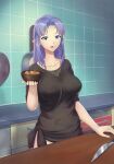  1girl absurdres alternate_costume blue_eyes bowl braid breasts collarbone counter covered_nipples cowboy_shot fate/stay_night fate_(series) food highres kitchen kitchen_knife knife large_breasts long_hair looking_at_viewer medea_(fate) pointy_ears purple_hair shirt single_braid smile solo tied_shirt warmcummies 