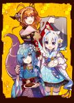  +_+ 3girls ahoge alternate_hairstyle amane_kanata angel_wings animal_ears bangs blue_eyes blue_hair blue_kimono blush border braid braided_ponytail chopsticks commentary cowboy_shot cyawa dragon_horns dragon_tail fang food food_request fur_collar hair_between_eyes hair_up holding holding_chopsticks holding_plate holding_pot hololive horns hoshimachi_suisei japanese_clothes kimono kiryu_coco looking_at_viewer multicolored_hair multiple_girls new_year open_mouth orange_hair orange_kimono plate pot purple_eyes short_hair sidelocks simple_background smile streaked_hair tail teeth thighhighs upper_body upper_teeth white_hair white_legwear wings yellow_background 