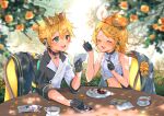 1boy 1girl blonde_hair blue_eyes brother_and_sister cake commentary_request eating food hair_ornament hairclip headset kagamine_len kagamine_rin kyashii_(a3yu9mi) midriff_peek morning open_mouth outdoors short_hair siblings smile table teeth twins vocaloid 