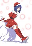  1girl bangs blue_hair blunt_bangs blunt_ends bob_cut boots christmas closed_mouth commentary dress gloves hat highres leaning_forward looking_at_viewer off-shoulder_dress off_shoulder precure purple_eyes red_dress red_footwear red_gloves red_headwear sack santa_dress santa_hat shadow shiratori_yuriko short_hair short_sleeves sitting smile solo thigh_boots thighhighs tropical-rouge!_precure uraki white_background 