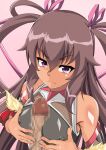  1boy 1girl annoyed bare_shoulders breast_squeeze breasts brown_hair censored covered_nipples dark-skinned_female dark_skin fishnets hair_ribbon highres looking_at_viewer mizuki_yukikaze naizuri paizuri parapetto penis purple_eyes ribbon taimanin_(series) taimanin_asagi taimanin_suit taimanin_yukikaze 