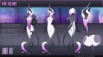  acrador anthro black_sclera breasts canid canine canis claws clothing detailed_background english_text female fur fur_markings genitals hair jackal kai_kilari_(akachilorn) knife long_ears long_hair long_tail mammal markings mindmachine model_sheet multicolored_hair nipples purple_eyes pussy solo standing tail_tuft text tuft white_hair 