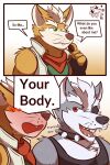  anthro blush canid canine canis clothed clothing collar dialogue duo fox fox_mccloud fully_clothed fur grey_body grey_fur hi_res male male/male mammal nintendo orange_body orange_fur shirt speech_bubble star_fox tank_top topwear ventkazemaru video_games wolf wolf_o&#039;donnell 