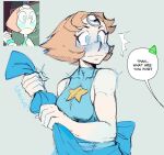  1girl blue_bow blue_eyes blush bow breasts collarbone english_text forehead_jewel holding_cloth ink_(ink01_) medium_breasts orange_hair pearl_(steven_universe) reference_inset short_hair speech_bubble star_(symbol) steven_universe surprised sweatdrop 