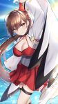 1girl arm_up azur_lane bangs blush breasts brown_hair cleavage closed_mouth collarbone eyebrows_visible_through_hair hair_ornament highres japanese_clothes jyu-so large_breasts long_hair long_sleeves looking_at_viewer ocean outdoors pleated_skirt red_skirt skirt smile thigh_strap thighs water zuikaku_(azur_lane) 