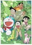  absurdres arm_support black_hair blush dinosaur doraemon doraemon_(character) glasses gouda_takeshi highres honekawa_suneo jacket kojima_takashi minamoto_shizuka multiple_boys multiple_girls nobi_nobita open_mouth safari_jacket shorts sitting smile twintails 