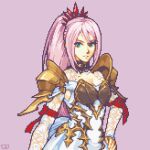 1girl aqua_eyes arm_ribbon armor bangs breasts cleavage cleavage_cutout closed_mouth clothing_cutout dress english_commentary eyelashes gold_trim hair_between_eyes hand_on_hip highres lace_sleeves long_hair looking_at_viewer medium_breasts ohyesitstim pink_hair pixel_art plate_armor ponytail purple_background red_ribbon ribbon shionne_(tales) shoulder_armor sidelocks solo tales_of_(series) tales_of_arise upper_body white_dress 