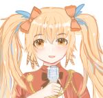  1girl :d arknights bangs blonde_hair blue_hair bow brown_eyes commentary_request dress eyebrows_visible_through_hair hair_bow holding holding_microphone long_hair looking_at_viewer microphone multicolored_hair orange_bow pinecone_(arknights) pinecone_(sing_a_song)_(arknights) qiumu red_dress simple_background smile solo streaked_hair twintails upper_body white_background 