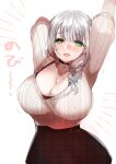  1girl arms_up blush bra braid breasts choker cleavage commentary_request cowboy_shot eyebrows_visible_through_hair green_eyes hair_between_eyes hololive huge_breasts looking_at_viewer mamemix open_mouth shirogane_noel silver_hair simple_background solo teeth tongue underwear white_background 
