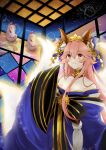  1girl animal_ear_fluff animal_ears bangs bare_shoulders bell blue_bow blue_dress blue_kimono blue_ribbon bow breasts ceiling choker cleavage closed_mouth collarbone crown dress eyebrows_visible_through_hair fate/extra fate/grand_order fate_(series) fox_ears fox_girl fox_mask fox_tail hair_between_eyes hair_bow hair_ribbon indoors japanese_clothes kimono kitsune light_blush long_hair long_sleeves looking_to_the_side mask merokonbu0 multiple_tails obi off_shoulder pink_hair ribbon room sash sidelocks smile solo standing tail tamamo_(fate) tamamo_no_mae_(fate/extra) very_long_hair yellow_eyes 