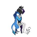  absurd_res anthro avian bird clothing cuddling dinosaur dromaeosaurid duo feathered_wings feathers feral fur happy hi_res legwear machine male male/male protogen raivn_griffin reptile scalie shark_tail sleeves smile stockings striped_body striped_fur stripes theropod wings 