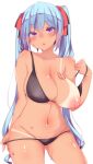  1girl :&lt; alternate_breast_size ass_visible_through_thighs bangs bare_arms bare_shoulders bikini_pull bikini_tan blue_hair blush breast_tattoo breasts cleavage closed_mouth clothes_pull cowboy_shot eyebrows_visible_through_hair groin hatsune_miku highres kusoyuridanchi large_breasts long_hair looking_at_viewer navel nipples nose_blush number_tattoo one_breast_out pulled_by_self purple_eyes simple_background solo stomach strap_pull sweat tan tanlines tattoo twintails undressing very_long_hair vocaloid white_background 