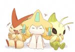  :d :i =_= ^_^ arm_support blush celebi closed_eyes facing_viewer fangs full_body fume furrowed_brow hands_up happy holding jirachi laughing misonikomiii no_humans pokemon pokemon_(creature) side-by-side simple_background sitting smile tears victini white_background 