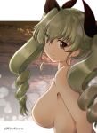  1girl absurdres anchovy_(girls_und_panzer) bangs black_ribbon blurry breasts brown_eyes closed_mouth commentary_request drill_hair eyebrows_visible_through_hair from_side girls_und_panzer green_hair hair_ribbon highres long_hair looking_at_viewer medium_breasts nakasawa_kei no_nipples nude partial_commentary ribbon sideboob smile solo twin_drills twintails twitter_username upper_body 