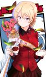  1girl bangs black_skirt blonde_hair blue_eyes blurry blurry_foreground braid commentary cowboy_shot cup darjeeling_(girls_und_panzer) depth_of_field emblem eyebrows_visible_through_hair fourragere girls_und_panzer girls_und_panzer_senshadou_daisakusen! highres holding holding_cup holding_saucer jacket leaf light_frown long_sleeves looking_at_viewer medal military military_uniform miniskirt official_alternate_costume parted_lips pleated_skirt red_jacket redbaron sash saucer short_hair skirt solo st._gloriana&#039;s_(emblem) st._gloriana&#039;s_military_uniform tea teacup tied_hair twin_braids twitter_username uniform wind 
