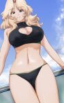 1girl bikini black_bikini blonde_hair blue_eyes blue_sky breasts cleavage_cutout closed_mouth clothing_cutout cloud cloudy_sky commentary_request cowboy_shot day dutch_angle eyebrows_visible_through_hair girls_und_panzer hair_intakes half-closed_eyes heart_cutout highres kay_(girls_und_panzer) large_breasts looking_at_viewer medium_hair navel outdoors sky smile solo standing swimsuit yoyokkun 