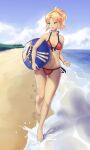  1girl absurdres barefoot beach bikini blue_sky blush bracelet breasts buruma cloud collarbone fate/grand_order fate_(series) footprints forest green_eyes groin hair_ornament hair_scrunchie halterneck highres horizon jewelry lighthouse looking_to_the_side mordred_(fate) mordred_(fate/apocrypha) mordred_(swimsuit_rider)_(fate) nature open_mouth ponytail prydwen_(fate) red_bikini red_scrunchie sand scrunchie shore sky small_breasts solo splashing swimsuit thigh_gap warmcummies water 