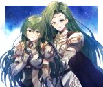  2girls annand_(fire_emblem) armor bangs black_gloves breastplate elbow_gloves erinys_(fire_emblem) eyebrows_visible_through_hair fantasy fire_emblem fire_emblem:_genealogy_of_the_holy_war gloves green_eyes green_hair hair_behind_ear hand_on_own_chest hands_on_another&#039;s_shoulders headband highres kro looking_at_viewer multiple_girls open_mouth siblings sisters smile 