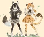  2girls animal_ears black_hair blue_eyes breasts eyebrows_visible_through_hair fur_collar gloves grey_wolf_(kemono_friends) hand_on_hip heterochromia jaguar_(kemono_friends) jaguar_ears jaguar_tail kemono_friends konabetate long_hair long_sleeves looking_at_viewer medium_breasts multicolored_hair multiple_girls necktie pose short_hair skirt smile tail thighhighs two-tone_hair white_hair wolf_ears wolf_tail yellow_eyes zettai_ryouiki 