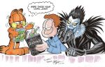  2boys absurdres animal_ears black_hair book brown_hair cat cat_ears cat_tail collarbone crossover dated death_note death_note_(object) eating english_commentary garfield garfield_(character) gary_barker hair_behind_ear highres holding holding_book holding_pencil jon_arbuckle marker_(medium) multiple_boys pencil ryuk shinigami signature smile standing tail thought_bubble traditional_media whiskers white_background 