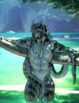  abs anthro bgn cephalopod coleoid covering covering_self detailed_background fingers hi_res male marine mollusk muscular muscular_male nude octopodiform octopus outside skinny_dipping solo tentacles water 