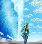  1girl black_hair blue_jacket blue_pants blue_sky braid chinese_commentary city cloud collarbone commentary_request cowboy_shot double_bun green_belt green_eyes green_hair green_lips guard_rail hands_in_pockets highres horizon jacket jojo_no_kimyou_na_bouken kujo_jolyne looking_to_the_side midriff multicolored_hair nami_yo_kiite_kure navel open_clothes open_jacket outdoors pants parody pie_na_yidao road sky solo stone_ocean two-tone_hair walking water waves 