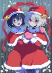  2girls :d arm_around_shoulder bangs black_hair blue_eyes blue_skin capelet christmas closed_mouth colored_skin commentary cowboy_shot dress english_text fur-trimmed_capelet fur_trim hat hat_bell highres holly konno_junko light_blush long_hair looking_at_viewer merry_christmas mizuno_ai multiple_girls open_mouth own_hands_together patchwork_skin pink_mittens purple_eyes red_capelet red_eyes red_headwear santa_dress santa_hat short_dress short_hair side-by-side silver_hair smile somasoutaro standing star_(symbol) stitched_face striped striped_background vertical_stripes zombie zombie_land_saga 