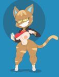  absurd_res animal_crossing anthro big_breasts big_butt bottomless breasts brown_body brown_fur butt cellphone clothed clothing domestic_cat fangs featureless_crotch felid feline felis female fur hi_res jacket katt_(animal_crossing) looking_at_viewer mammal nintendo nipples one_breast_out phone purple_yoshi_draws simple_background smile solo standing thick_thighs topwear video_games wide_hips yellow_eyes 