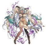  1girl arms_up bangs black_horns black_legwear breasts cleavage dark-skinned_female dark_skin detached_sleeves dragon_horns fangs fediel_(granblue_fantasy) full_body granblue_fantasy hair_between_eyes high_heels horns large_breasts long_hair looking_at_viewer minaba_hideo navel open_mouth purple_eyes single_thighhigh smile solo thighhighs transparent_background very_long_hair 