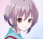  1girl bangs blue_sailor_collar brown_eyes closed_mouth commentary_request eequal_mc2 expressionless eyebrows_visible_through_hair hair_between_eyes kita_high_school_uniform light_purple_hair looking_at_viewer nagato_yuki portrait sailor_collar school_uniform short_hair solo suzumiya_haruhi_no_yuuutsu uniform white_background 