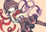  1girl :o asymmetrical_wings bangs black_dress black_hair black_legwear blue_wings bow bowtie brown_background buttons center_frills covered_mouth dise dress eyebrows_visible_through_hair finger_to_mouth frilled_dress frills houjuu_nue red_bow red_bowtie red_eyes red_wings short_dress short_hair short_sleeves simple_background snake solo thighhighs touhou wings 