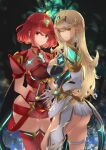  bangs bare_legs bare_shoulders black_gloves blonde_hair breasts chest_jewel cleavage cleavage_cutout clothing_cutout dress earrings elbow_gloves fingerless_gloves gloves highres jewelry large_breasts long_hair mythra_(xenoblade) omikuji_(6954) pyra_(xenoblade) red_eyes red_hair red_legwear red_shorts short_dress short_hair short_shorts shorts swept_bangs thigh_strap thighhighs tiara very_long_hair white_dress white_gloves xenoblade_chronicles_(series) xenoblade_chronicles_2 yellow_eyes 