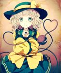  1girl black_headwear blouse blush collared_blouse dise eyeball eyebrows_visible_through_hair floral_print frilled_shirt_collar frilled_sleeves frills green_eyes green_skirt hat hat_ribbon heart heart_of_string jewelry komeiji_koishi long_sleeves looking_at_viewer own_hands_together ribbon ring rose_print silver_hair skirt smile solo third_eye touhou wavy_hair wide_sleeves yellow_blouse yellow_ribbon 