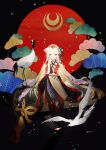  1girl absurdres animal bangs bird black_background blunt_bangs brown_eyes closed_mouth commentary confetti crane_(animal) crescent flat_chest flower hair_flower hair_ornament hand_up highres holding japanese_clothes kaguya_(onmyoji) kimono lipstick long_hair long_sleeves looking_at_viewer makeup okobo onmyoji red-crowned_crane red_footwear sakpi sitting smile socks solo twitter_username white_hair white_legwear wide_sleeves 