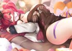  1girl azur_lane between_breasts bra_strap breasts bremerton_(azur_lane) bremerton_(day-off_date)_(azur_lane) brown_sweater clothes_pull dress hair_between_eyes holding holding_ribbon jacket large_breasts looking_at_viewer lying miya_ur multicolored_hair off-shoulder_dress off-shoulder_sweater off_shoulder official_alternate_costume on_back open_clothes open_jacket pink_hair purple_ribbon red_eyes ribbon solo star_(symbol) star_print strap_between_breasts streaked_hair sweater sweater_dress sweater_pull two-tone_hair white_jacket 