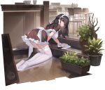  1girl azur_lane breasts brown_hair choukai_(azur_lane) choukai_(tidy_store_tidy_mind)_(azur_lane) from_behind garter_straps hair_ornament highres indoors kishiyo kneeling large_breasts long_hair looking_at_viewer looking_back maid maid_cafe maid_headdress official_alternate_costume official_art plant thighhighs transparent_background white_legwear yellow_eyes 
