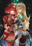 bangs bare_legs bare_shoulders black_gloves blonde_hair breasts chest_jewel cleavage cleavage_cutout clothing_cutout dress earrings elbow_gloves fingerless_gloves gloves highres jewelry large_breasts long_hair mythra_(xenoblade) omikuji_(6954) pyra_(xenoblade) red_eyes red_hair red_legwear red_shorts short_dress short_hair short_shorts shorts swept_bangs thigh_strap thighhighs tiara very_long_hair white_dress white_gloves xenoblade_chronicles_(series) xenoblade_chronicles_2 yellow_eyes 
