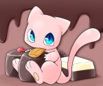  3_fingers 3_toes almonds ambiguous_gender blue_eyes brown_background candy chocolate dark_chocolate dessert feet feral fingers food fruit holding_object legendary_pok&eacute;mon looking_at_viewer mew nibbling nintendo nut_(fruit) pink_body plant pok&eacute;mon pok&eacute;mon_(species) simple_background solo toes video_games white_chocolate ちゃば 